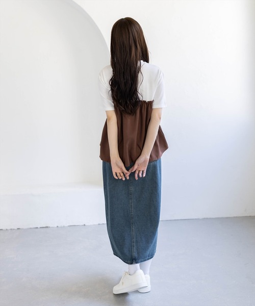 CLEAR BASIC（クリアベーシック）の「シャーリング切替ペプラムドッキングトップス［骨格ウェーブ／カジュアル］（Tシャツ/カットソー・レディース・ブラウン/ブラック・F）」の5枚目の写真