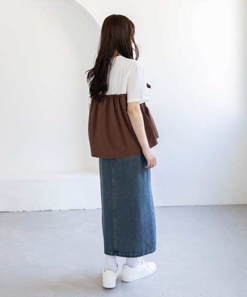 CLEAR BASIC（クリアベーシック）の「シャーリング切替ペプラムドッキングトップス［骨格ウェーブ／カジュアル］（Tシャツ/カットソー・レディース・ブラウン/ブラック・F）」の4枚目の写真
