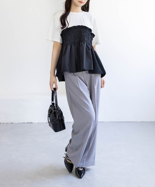 CLEAR BASIC（クリアベーシック）の「シャーリング切替ペプラムドッキングトップス［骨格ウェーブ／カジュアル］（Tシャツ/カットソー・レディース・ブラウン/ブラック・F）」の10枚目の写真