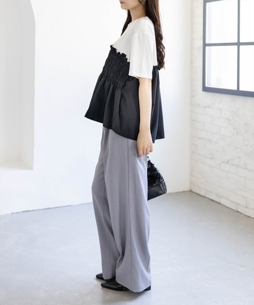 CLEAR BASIC（クリアベーシック）の「シャーリング切替ペプラムドッキングトップス［骨格ウェーブ／カジュアル］（Tシャツ/カットソー・レディース・ブラウン/ブラック・F）」の11枚目の写真