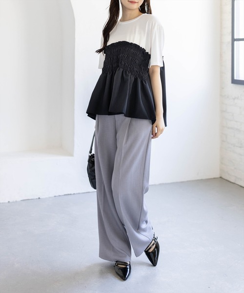 CLEAR BASIC（クリアベーシック）の「シャーリング切替ペプラムドッキングトップス［骨格ウェーブ／カジュアル］（Tシャツ/カットソー・レディース・ブラウン/ブラック・F）」の13枚目の写真