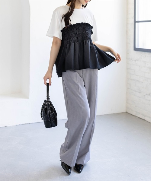 CLEAR BASIC（クリアベーシック）の「シャーリング切替ペプラムドッキングトップス［骨格ウェーブ／カジュアル］（Tシャツ/カットソー・レディース・ブラウン/ブラック・F）」の14枚目の写真