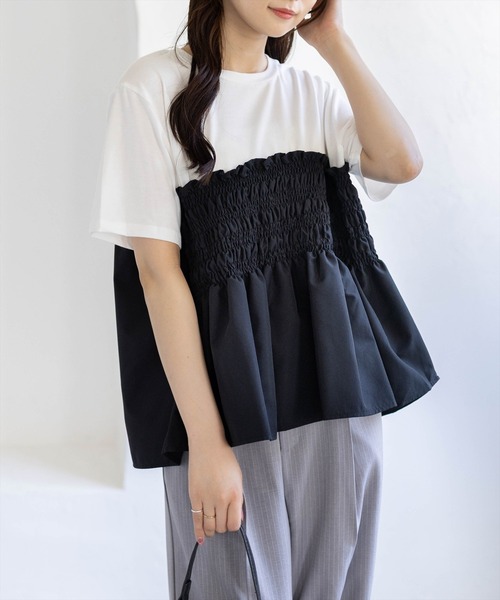 CLEAR BASIC（クリアベーシック）の「シャーリング切替ペプラムドッキングトップス［骨格ウェーブ／カジュアル］（Tシャツ/カットソー・レディース・ブラウン/ブラック・F）」の8枚目の写真