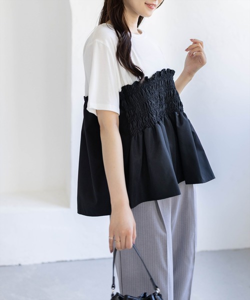 CLEAR BASIC（クリアベーシック）の「シャーリング切替ペプラムドッキングトップス［骨格ウェーブ／カジュアル］（Tシャツ/カットソー・レディース・ブラウン/ブラック・F）」の9枚目の写真
