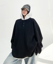 フード付きヘンリーネックレイヤード風デザイン長袖Tシャツ