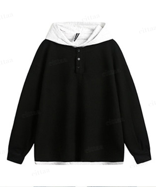 Dalfwin(ダールフィン)の「フード付きヘンリーネックレイヤード風デザイン長袖Tシャツ(Tシャツ/カットソー・レディース・ブラック・FREE)」の2枚目の写真