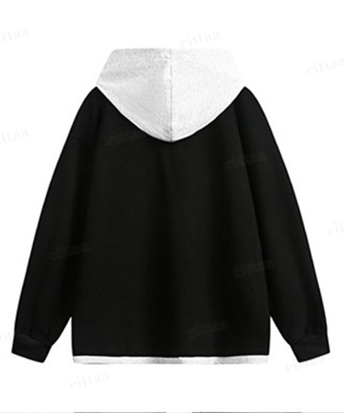 Dalfwin(ダールフィン)の「フード付きヘンリーネックレイヤード風デザイン長袖Tシャツ(Tシャツ/カットソー・レディース・ブラック・FREE)」の3枚目の写真
