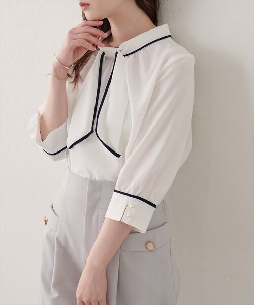 natural couture(ナチュラルクチュール)の「配色デザイン7分袖ブラウス(シャツ/ブラウス・レディース・ベージュ/オフホワイト/サックスブルー/ドット・FREE)」の6枚目の写真