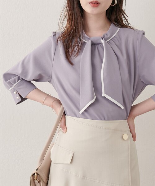 natural couture(ナチュラルクチュール)の「配色デザイン7分袖ブラウス(シャツ/ブラウス・レディース・ベージュ/オフホワイト/サックスブルー/ドット・FREE)」の10枚目の写真