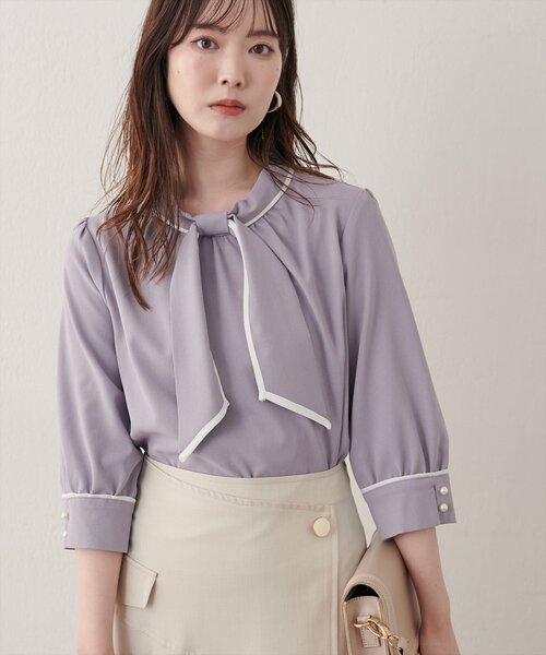 natural couture(ナチュラルクチュール)の「配色デザイン7分袖ブラウス(シャツ/ブラウス・レディース・ベージュ/オフホワイト/サックスブルー/ドット・FREE)」の11枚目の写真