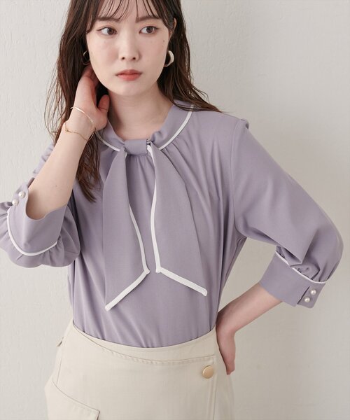 natural couture(ナチュラルクチュール)の「配色デザイン7分袖ブラウス(シャツ/ブラウス・レディース・ベージュ/オフホワイト/サックスブルー/ドット・FREE)」の12枚目の写真