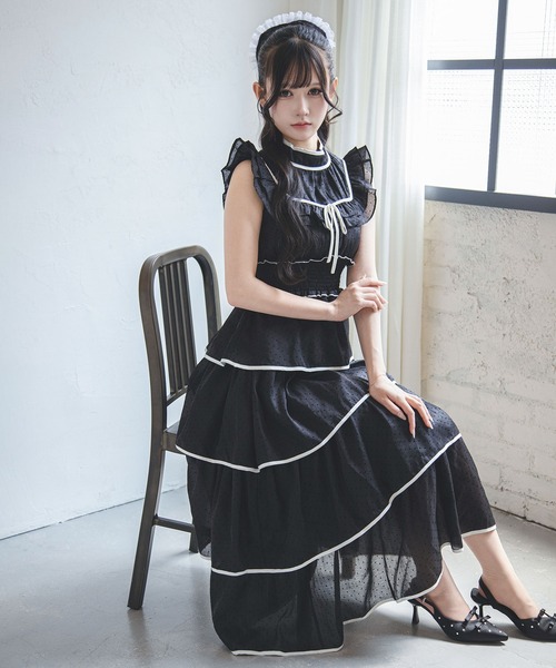 夢展望(ユメテンボウ)の「2wayシアードットティアードロングワンピース(ワンピース・レディース・ブラック/アイボリー・LL~3L/L~LL/M-L)」の2枚目の写真
