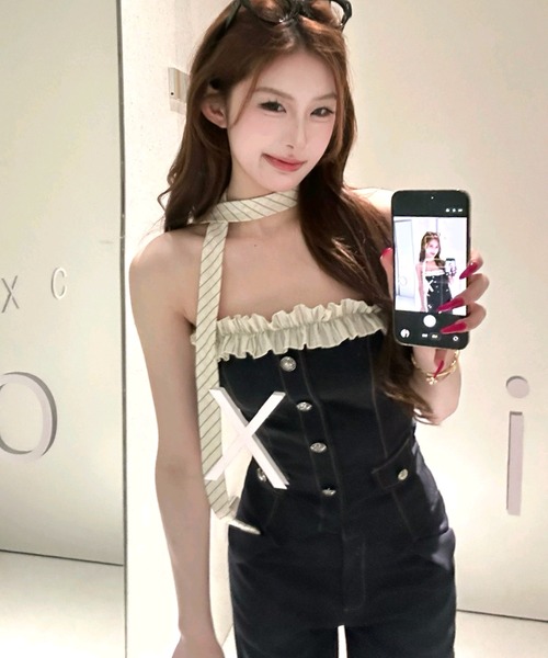 Aelina(エリナ)の「ボートネック切り替えトップス&パンツセットアップ(セットアップ・レディース・インディゴブルー・S/M/L)」の9枚目の写真