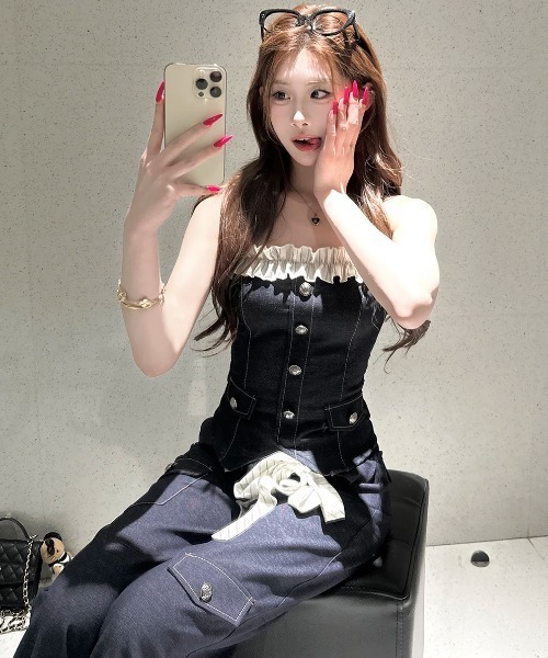 Aelina(エリナ)の「ボートネック切り替えトップス&パンツセットアップ(セットアップ・レディース・インディゴブルー・S/M/L)」の6枚目の写真