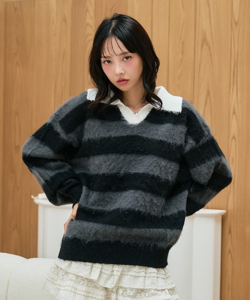 apres jour mignon(アプレジュールミニョン)の「襟付きボーダーニット(ニット/セーター・レディース・チャコールグレー/ピンク/ブルー・LARGE/フリー)」の9枚目の写真