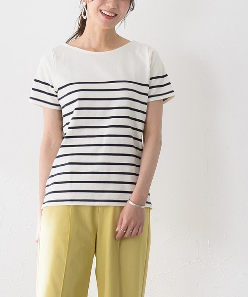 Pierrot（ピエロ）の「選べる地厚綿100％Tシャツ 3type（Tシャツ/カットソー・レディース・ホワイト系その他/ホワイト系その他5/ホワイト系その他6/ホワイト系その他3/ホワイト系その他4/ホワイト×グレー/ホワイト系その他2/ホワイト×ネイビー/ネイビー/ホワイト×レッド/ブルー系その他/カーキ/オフホワイト/ベージュ系その他/ベージュ系その他2・L/M/LL）」の5枚目の写真