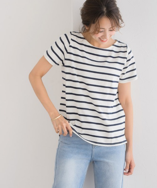 Pierrot（ピエロ）の「選べる地厚綿100％Tシャツ 3type（Tシャツ/カットソー・レディース・ホワイト系その他/ホワイト系その他5/ホワイト系その他6/ホワイト系その他3/ホワイト系その他4/ホワイト×グレー/ホワイト系その他2/ホワイト×ネイビー/ネイビー/ホワイト×レッド/ブルー系その他/カーキ/オフホワイト/ベージュ系その他/ベージュ系その他2・L/M/LL）」の6枚目の写真