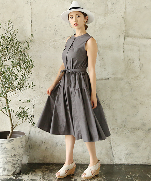 春のコレクション リボンベルト付きノースリーブシャツワンピース シャツワンピース
