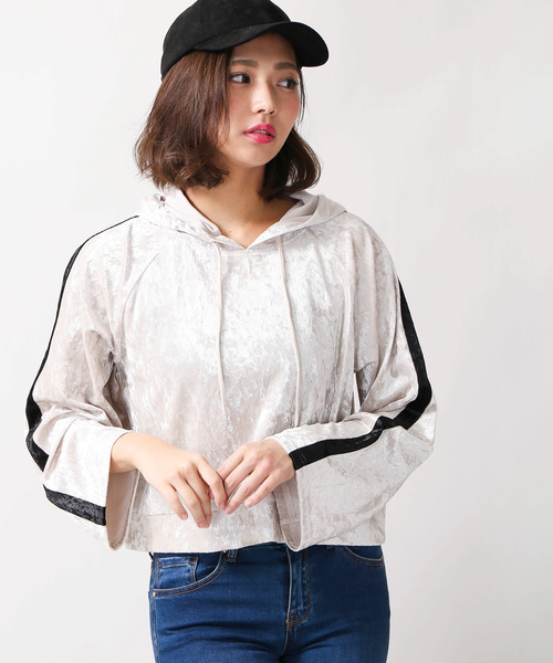 WEGO（ウィゴー）の「WEGO/クラッシュベロアラインパーカー（パーカー・レディース・アイボリー/ブラック・FREE）」の2枚目の写真