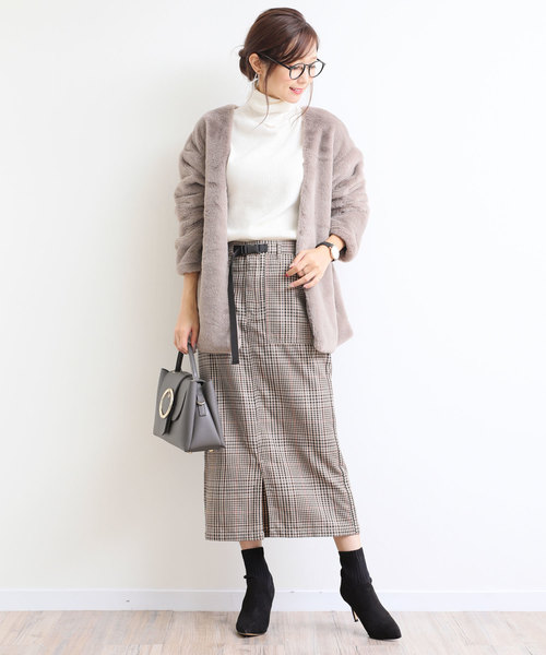 andme(アンドミー)の「ガンクラブチェックミモレ丈ベイカータイトスカート ウエストゴム(スカート・レディース・アイボリー/キャメル・M)」の21枚目の写真