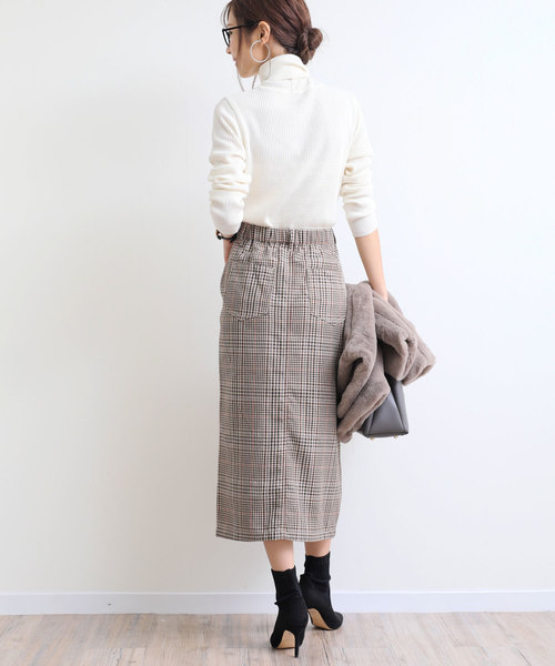 andme(アンドミー)の「ガンクラブチェックミモレ丈ベイカータイトスカート ウエストゴム(スカート・レディース・アイボリー/キャメル・M)」の15枚目の写真