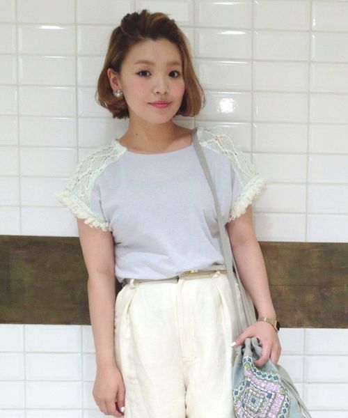 Another Edition（アナザーエディション）の「AE ソデ KNIT PO（Tシャツ/カットソー・レディース・オフホワイト/ライトグレー/オレンジ・フリー）」の2枚目の写真