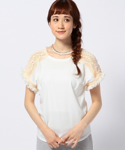 Another Edition（アナザーエディション）の「AE ソデ KNIT PO（Tシャツ/カットソー・レディース・オフホワイト/ライトグレー/オレンジ・フリー）」の3枚目の写真