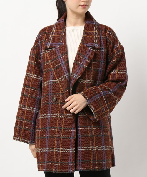 SPINNS（スピンズ）の「チェック柄フェイクウールダブルショートコート
