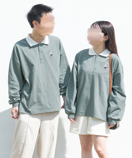 PairPair（ペアペア）の「ワンポイント刺繍カラーシャツ(ユニセックス)（Tシャツ/カットソー・メンズ・グレイッシュブルー/アイボリー/オフホワイト・MEDIUM/LARGE）」の2枚目の写真