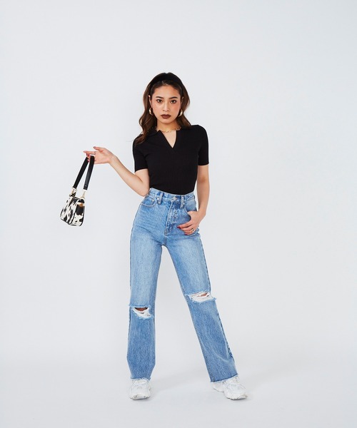 SHAGGIE（シャギー）の「ダメージロングデニムパンツ（デニムパンツ・レディース・ブラック/ブルー・SMALL/MEDIUM/LARGE）」の7枚目の写真