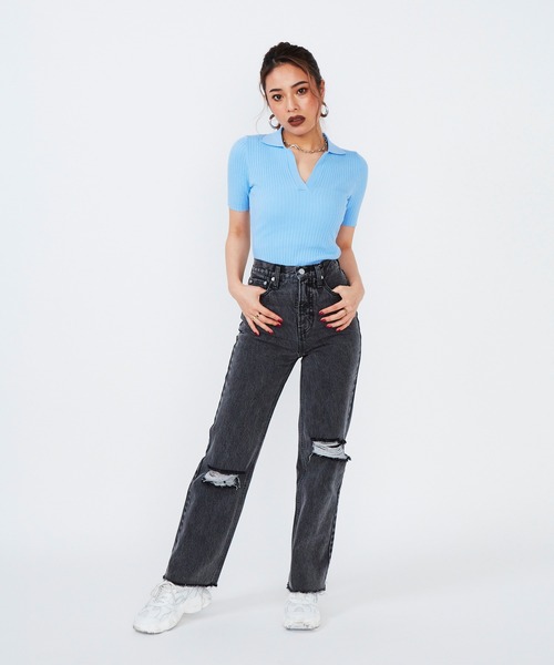 SHAGGIE（シャギー）の「ダメージロングデニムパンツ（デニムパンツ・レディース・ブラック/ブルー・SMALL/MEDIUM/LARGE）」の8枚目の写真