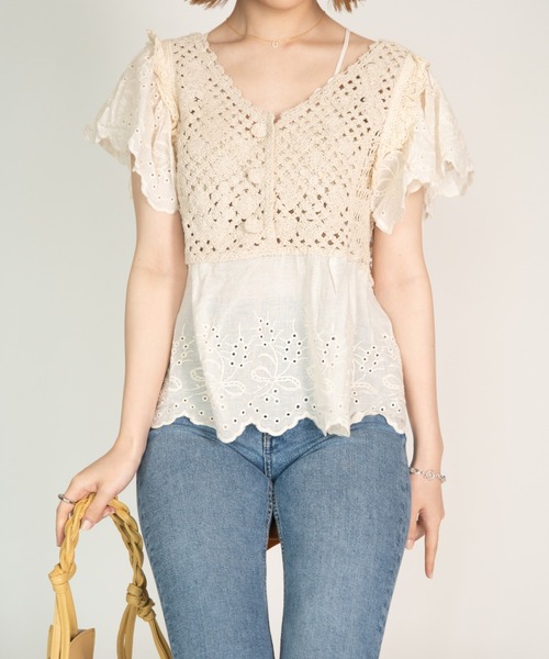 yuue' ( wear )（ユーイ）の「かぎ針編みカットワーク半袖ブラウス（シャツ/ブラウス・レディース・ホワイト/ベージュ・FREE）」の7枚目の写真