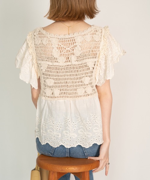 yuue' ( wear )（ユーイ）の「かぎ針編みカットワーク半袖ブラウス（シャツ/ブラウス・レディース・ホワイト/ベージュ・FREE）」の5枚目の写真