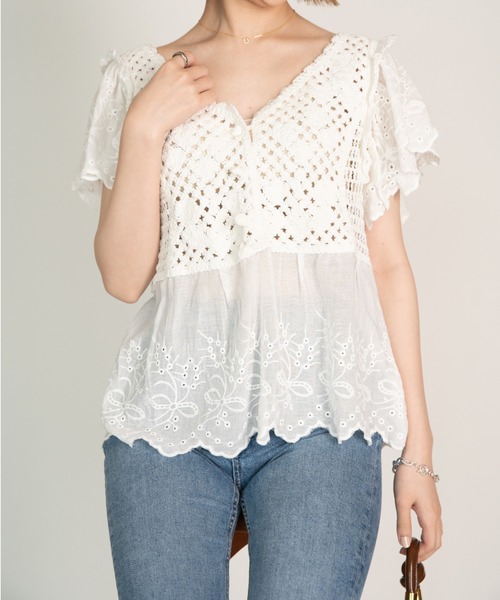 yuue' ( wear )（ユーイ）の「かぎ針編みカットワーク半袖ブラウス（シャツ/ブラウス・レディース・ホワイト/ベージュ・FREE）」の6枚目の写真