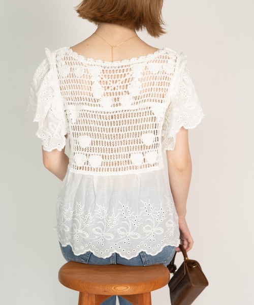 yuue' ( wear )（ユーイ）の「かぎ針編みカットワーク半袖ブラウス（シャツ/ブラウス・レディース・ホワイト/ベージュ・FREE）」の9枚目の写真
