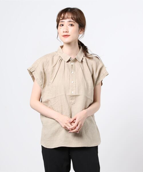 D.M.G.(ドミンゴ)の「D.M.G / ディーエムジー S/Sレギュラーカラーシャツ(シャツ/ブラウス・レディース・チャコール/ベージュ/ライトグリーン・2)」の1枚目の写真