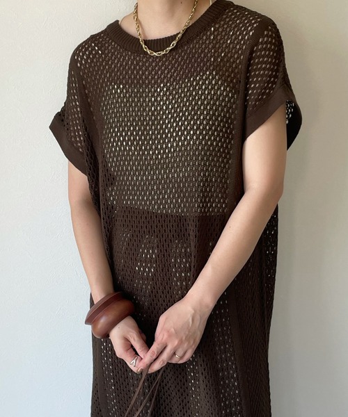 y/m by misato（イムバイミサト）の「メッシュニットロングトップス（その他トップス・レディース・ブラウン/オフホワイト・FREE）」の10枚目の写真
