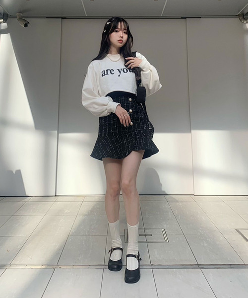 titty＆Co. PETIT by poyo（ティティーアンドコープティバイポヨ）の「【ファッションインフルエンサーPOYO×titty&Co.PETIT】ヘムフリルツイードスカパン（スカート・レディース・ブラック/ホワイト・SMALL/MEDIUM）」の9枚目の写真