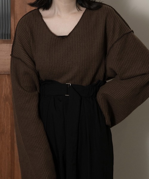 lawgy(ラウジー)の「V cut rib knit(ニット/セーター・レディース・ベージュ/ブラウン・FREE)」の2枚目の写真