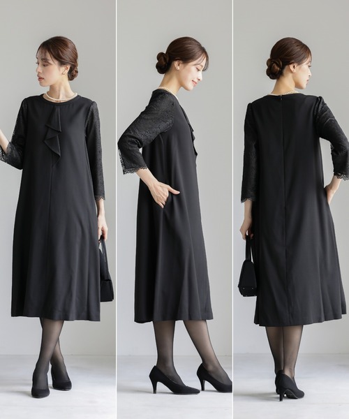 WHITE JOOLA(ホワイトジョーラ)の「喪服・礼服【洗えるフォーマル】お袖スカラップレース切り替えデザインブラックフォーマルワンピース(ワンピース・レディース・ブラック・11号/9号/13号/7号/15号)」の5枚目の写真