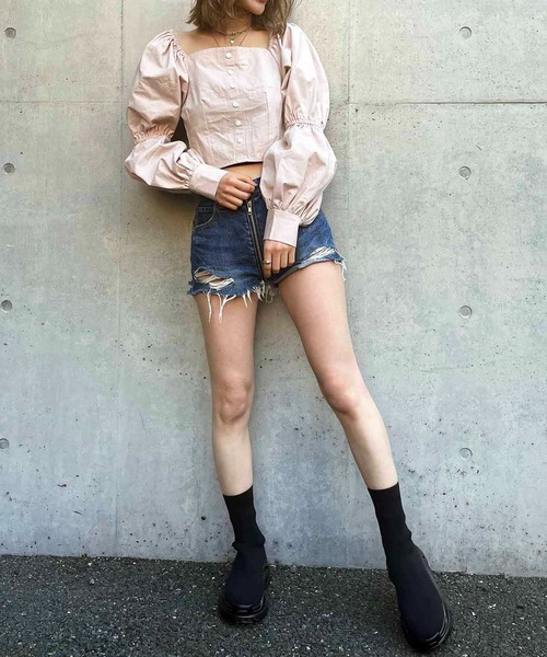 SPIRALGIRL(スパイラルガール)の「ダブルパフスリーブブラウス(シャツ/ブラウス・レディース・ベージュ/オフホワイト/グリーン・FREE)」の6枚目の写真