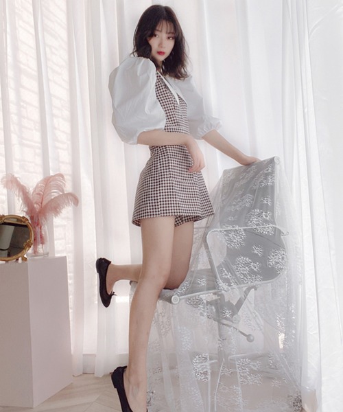 lissi Boutique(リージーブティック)の「【lissi Boutique】ビックパフスリーブチェックオールインワン(ワンピース・レディース・ブラウン・FREE)」の10枚目の写真