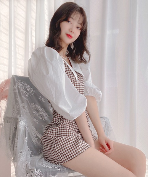 lissi Boutique(リージーブティック)の「【lissi Boutique】ビックパフスリーブチェックオールインワン(ワンピース・レディース・ブラウン・FREE)」の15枚目の写真