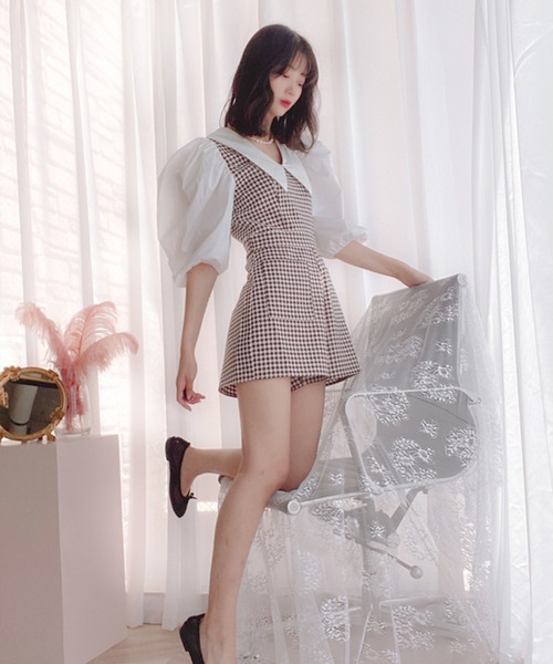 lissi Boutique(リージーブティック)の「【lissi Boutique】ビックパフスリーブチェックオールインワン(ワンピース・レディース・ブラウン・FREE)」の8枚目の写真