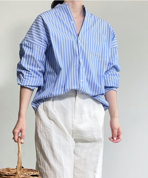 THE TWENTYSEVEN(ザ トゥエンティーセブン)の「The TWENTYSEVEN:CTN BROAD LOOSE FIT BAND/C SHIRTS L/S ブロードBIG バンドカラーシャツロングスリーブ(シャツ/ブラウス・レディース・ホワイト/イエロー/サックスブルー/ラベンダー・L/M/XL)」の19枚目の写真