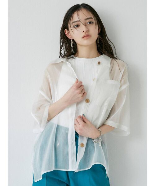 MURUA（ムルーア）の「シアーハーフスリーブシャツ（シャツ/ブラウス・レディース・ホワイト/ブラック/ベージュ/パープル/グレー・FREE）」の15枚目の写真