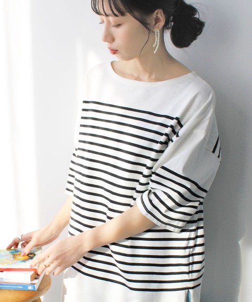 GeeRA(ジーラ)の「パネルボーダーハーフスリーブTシャツ(Tシャツ/カットソー・レディース・ホワイト/ブラック/レッド・MEDIUM/LARGE/X-LARGE)」の1枚目の写真