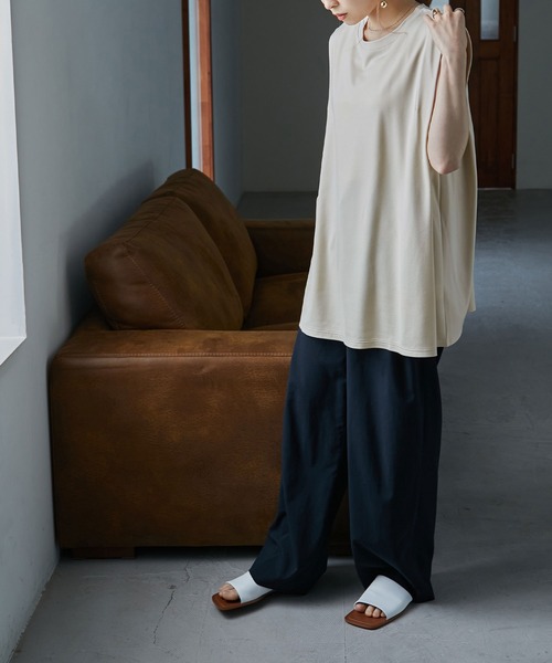 Fashion Letter(ファッションレター)の「シルケットライク ノースリーブ トップス(Tシャツ/カットソー・レディース・アイボリー/サンドベージュ/ライトグリーン/ブラック・M)」の21枚目の写真