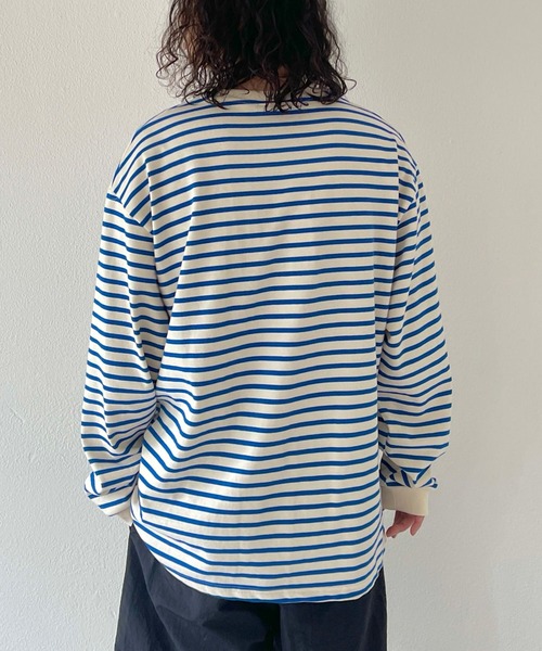 natto（ナット）の「【ユニセックスアイテム】loose silhouette border long sleeve tee / ルーズシルエットボーダーロングスリーブ（Tシャツ/カットソー・メンズ・ネイビー/ブルー/ホワイト/アイボリー・FREE）」の8枚目の写真