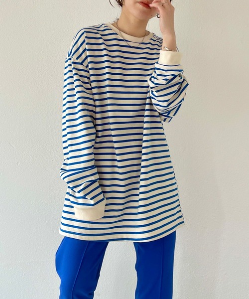 natto（ナット）の「【ユニセックスアイテム】loose silhouette border long sleeve tee / ルーズシルエットボーダーロングスリーブ（Tシャツ/カットソー・メンズ・ネイビー/ブルー/ホワイト/アイボリー・FREE）」の11枚目の写真